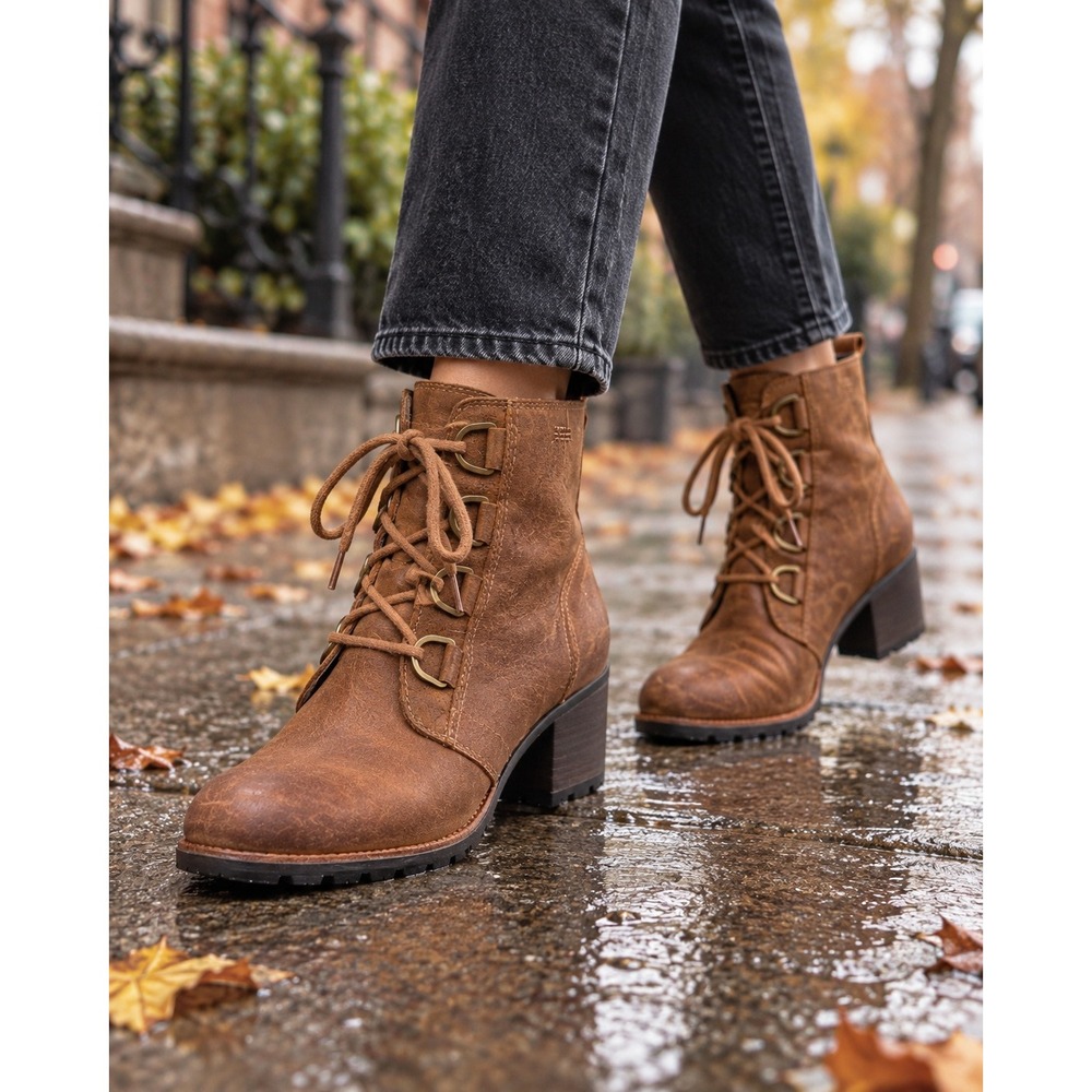Sorel Cate Lace Waterproof Leather Block Heel Boots Velvet Tan 10.5
